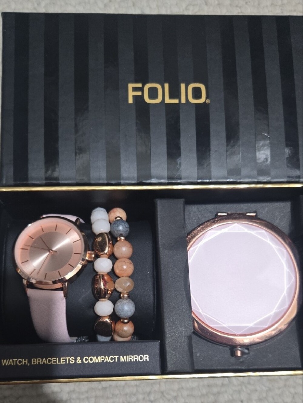 Women's Rose Gold and Blush Watch Set with Beaded Bracelets and Compact Mirror